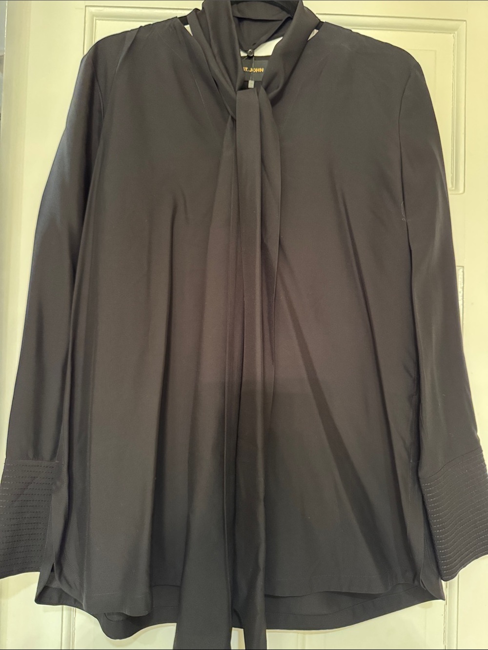 St. John Black Tie-Neck Silk Blouse